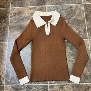 Dazy Sweater Women M Brown Cristi Collared V Neck Ribbed Knit Preppy